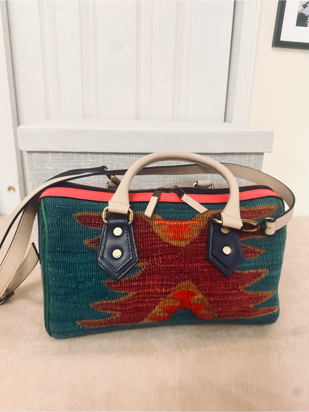 Green Patterned Canvas Satchel Handbag with leather Beige Handles